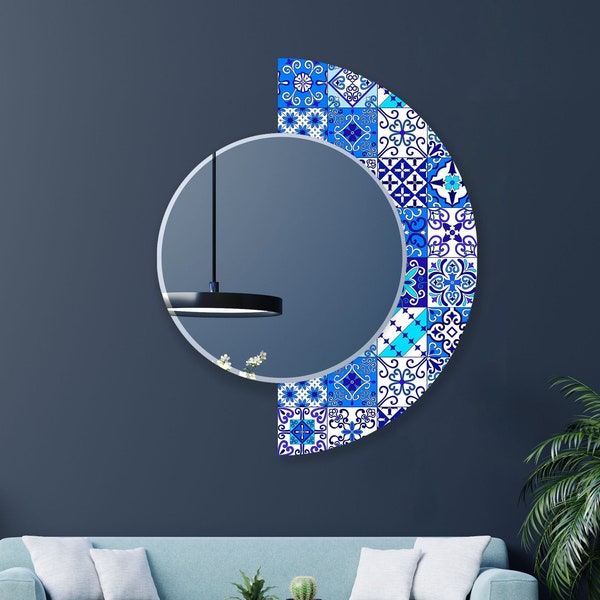 Half Circle Mirror-Asymmetrical Mirror-Blue Mosaic Mirror-Mandala Mirror on Tempered Glass-Moroccon Tile Mirror-Round Mirror for Bathroom