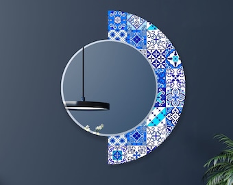 Halbkreisspiegel-Asymmetrischer Spiegel-Blauer Mosaikspiegel-Mandala-Spiegel auf gehärtetem Glas-Marokko-Fliesenspiegel-Runder Spiegel für Badezimmer