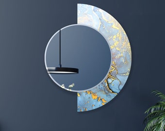 Goldener Halbkreis-Spiegel-Goldblauer Spiegel-Handgefertigter Spiegel auf gehärtetem Glas Wandspiegel-Entryway Spiegel-Blauer runder Spiegel für Badezimmer