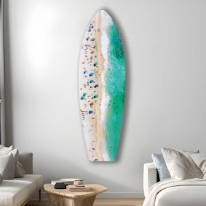Aerial Beach View Surfboard Tempered Glass Wall Art
