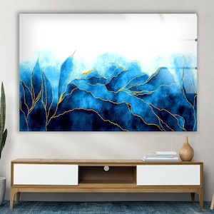 Dark Blue Marble Decor, Tempered Glass Wall Art, Glass Glass Printing, Large Marble Wall Art Blue Abstract Wall Art