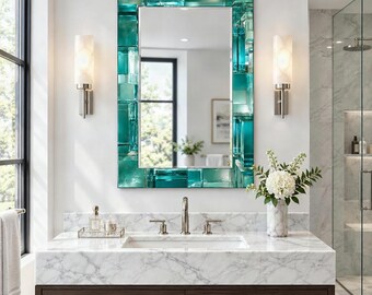 Emerald Teal Glass Block Effect Wall Mirror with Geometric Print, Decorative Glass Mirror, Art Deco Wall Mirror