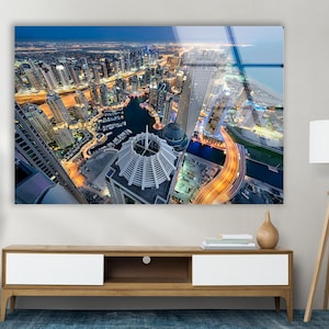 Dubai Cityscape Tempered Glass Wall Art: Modern Skyline Print