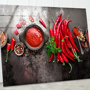 Kitchen Decor ,  Hanging Herbs Wall Art ,  Red Pepper Print ,  Large Modern Glass Decoration ,  Spices Wall Art for Living Room
