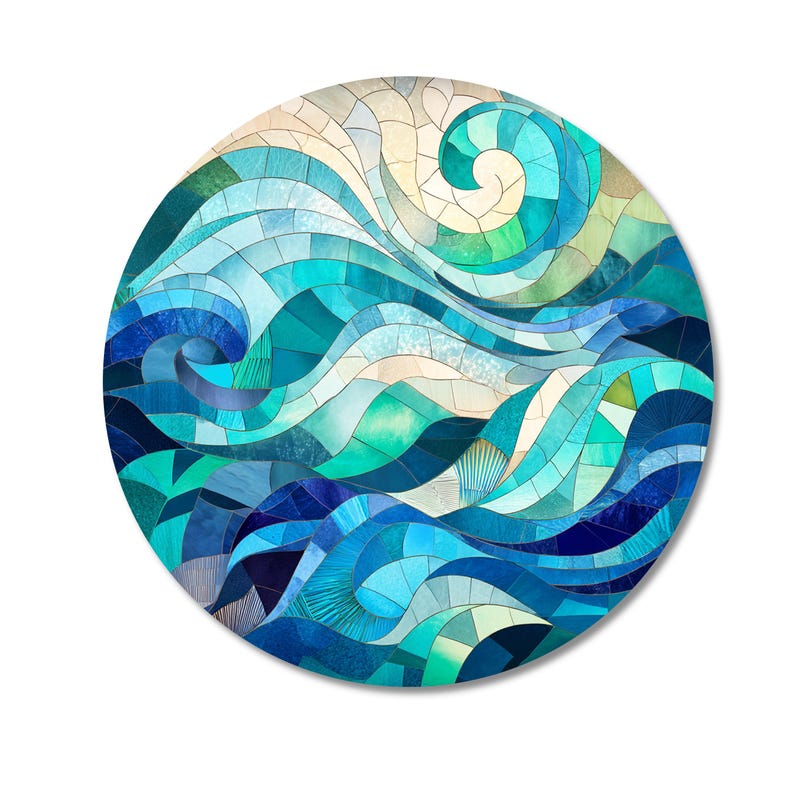 Blue Ocean Waves Glass Wall Art – Turquoise Stained Glass Style ...