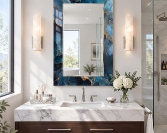 Deep Blue and Gold Mineral Effect Wall Mirror , Marble Decorative Glass Mirror, Large Wall Mirror, Decorative mirror, Bathroom mirror