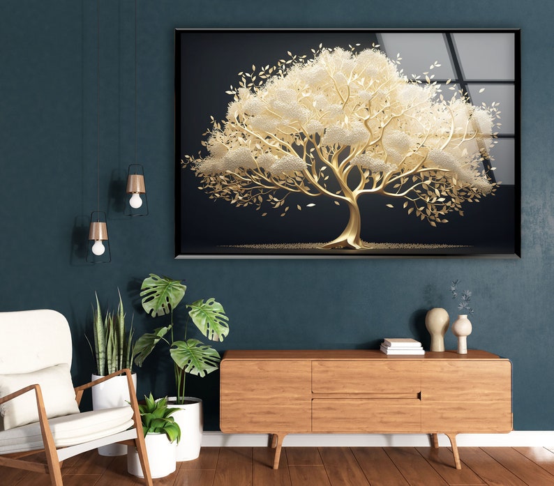 a living room with a painting of a tree on the wall