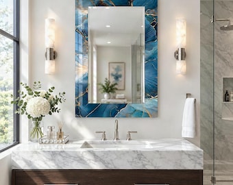 Petrol Blue Onyx Effect Wall Mirror with Gold Veins and Cream Mineral Print, Decorative Glass Mirror for Bedroom and Entryway