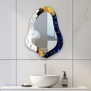Luxury Asymmetrical Glass Wall Mirror ,  Irregular Blue & Gold Marble Design for Bathroom ,  Entryway Decor