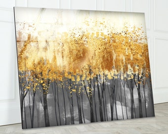 Gold Tree Tempered Glass Wall Art: Modern Glass Printing Decor