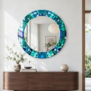 Turquoise and Cobalt Mosaic Effect Wall Mirror with Circular Medallions, Decorative Mirror for Coastal Living Room and Entryway
