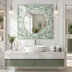 Sage Green Mosaic Effect Wall Mirror with Soft Cream Tile Pattern, Decorative Mirror for Coastal Living Room and Entryway