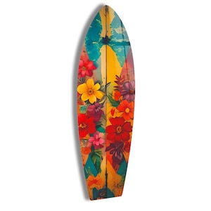 Floral Surfboard Tempered Glass Wall Art: Asymmetrical Irregular Decor