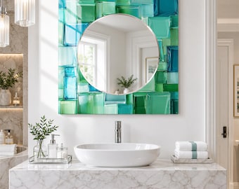 Seafoam and Teal Geometric Wall Mirror with Glass Block Effect Print, Decorative Glass Mirror for Coastal Bedroom, Green Wall Mirror