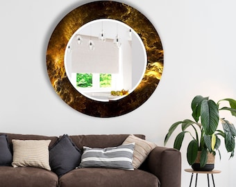 Abstract Gold Round Wall Mirror: Tempered Glass Decor