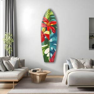 Tropical Flower Surfboard Tempered Glass Wall Art