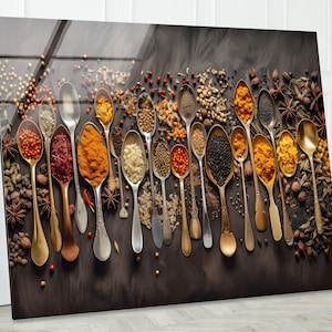Spoon Spice Wall Art, Tempered Glass Wall Art, Indian Spice Glass Printing Art, Spices Wall Art, Kitchen Herbs Spice Decor