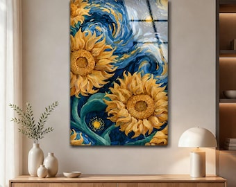 Sunflower Starry Glass Wall Art, Minimalist Floral Decor, Vertical Tempered Glass Printing art, Modern floral glass art