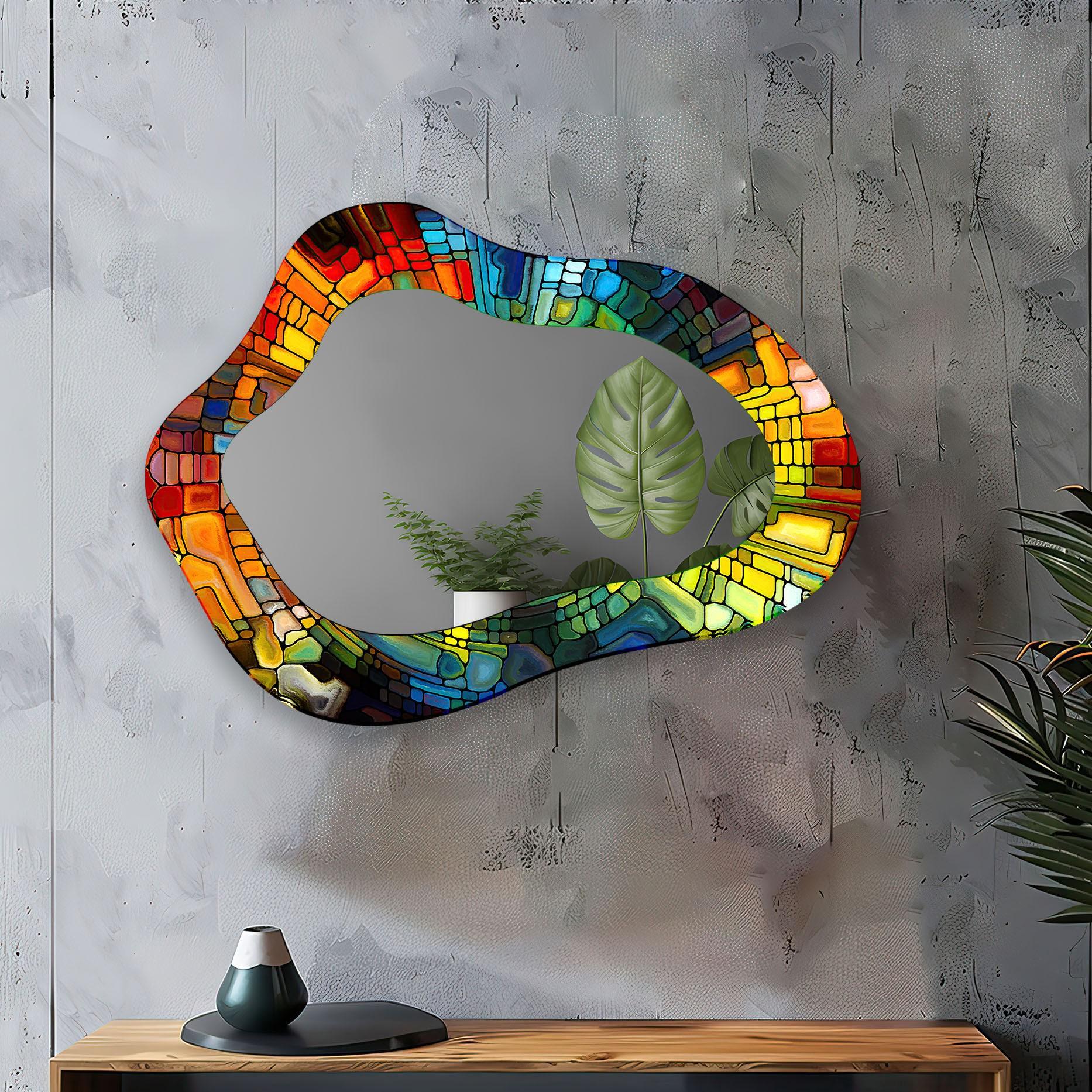 ステンドグラスの非対称壁掛けミラー：モダンな強化ガラスデザイン