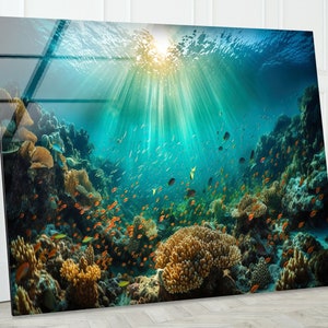 Aquarium Tempered Glass Wall Art, Glass Printing, Large Wall Art, Wall Hangings, Fish Art, Under Sea Wall Art