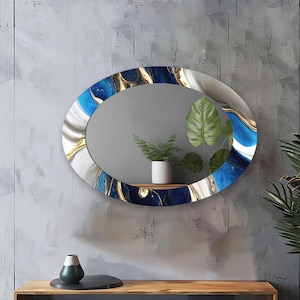 Decorative Glass Wall Mirror ,  Asymmetrical Tempered Glass Mirror for Living Room, Bathroom,Entryway , Blue Wall Mirror,  Gold wall mirror