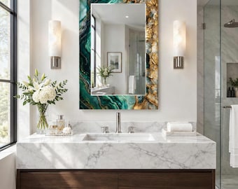 Emerald Agate Effect Wall Mirror with Gold and Cream Mineral Print, Decorative Glass Mirror for Elegant Bathroom, Entryway wall mirror