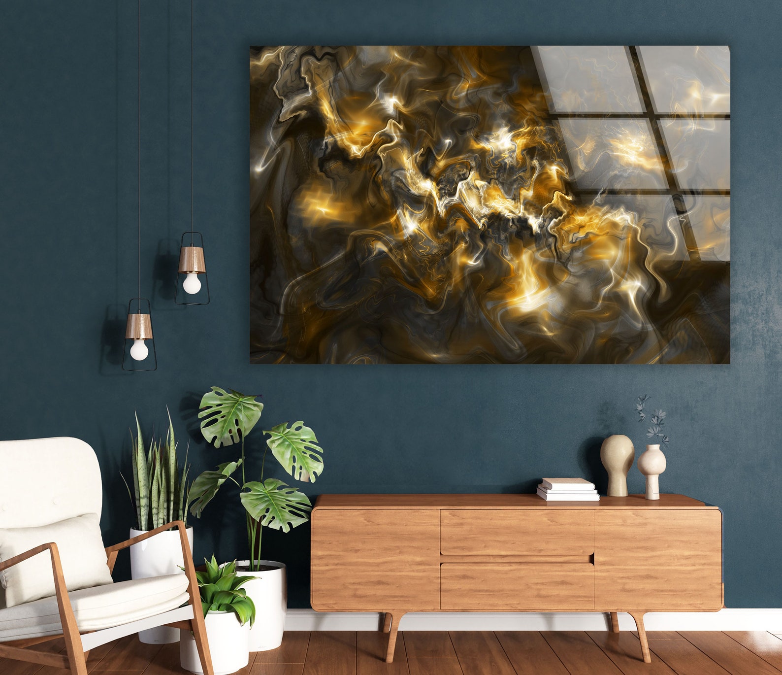 Large Wall Art Yellow Fractal Artdark Abstract Arttempered Glass Wall