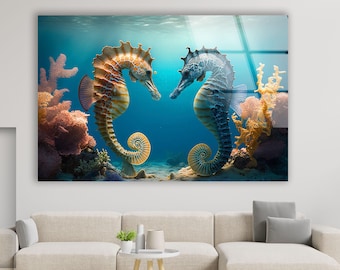 Sea Horse Tempered Glass Wall Art: Modern Aquarium Decor