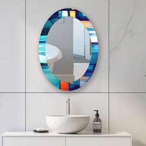 Blue Tempered Glass Oval Wall Mirror: Modern Bathroom Vanity Decor