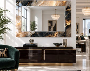 Amber and Charcoal Marble Effect Wall Mirror with Gold Vein Print, Decorative Glass Mirror for Elegant Living Room, Bedroom and Entryway