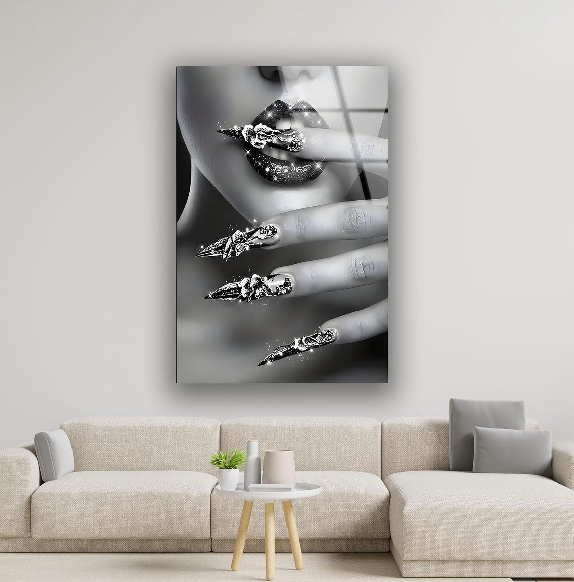 Woman With Bright Nails Black & White Glass Panels for Sale Custom