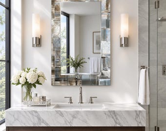 Champagne and Silver Geometric Wall Mirror, Crystal Block Effect Tempered Glass Mirror for Living Room, Silver bathroom Mirror