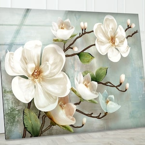 White Floral Tempered Glass Wall Art: Modern Flower Print