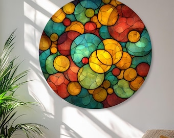 Colorful Abstract Stained Glass Wall Art – Round Mosaic Bubble Design for Modern Vibrant Home Decor