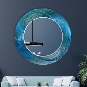 Blue Round Glass Wall Mirror, Blue Tempered Glass Mirror, Blue Bathroom Mirror, Large Decorative Wall Mirror, Blue Wall Mirror