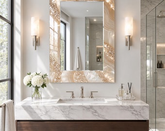 Champagne Crystal Effect Wall Mirror with Ivory Wave and Gold Decorative Glass Mirror, Large Wall Mirror, Decorative mirror, Bathroom mirror