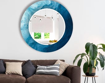 Blue Abstract Round Wall Mirror: Tempered Glass Decor