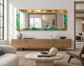 Turquoise and Gold Patina Effect Wall Mirror with Distressed Print, Decorative Glass Mirror for Eclectic Living Room, Bedroom and Entryway