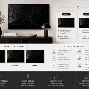 The image is a collage of three framed color options for a television, including gold, silver, and black, as well as a framed and an unframed version of the same television.