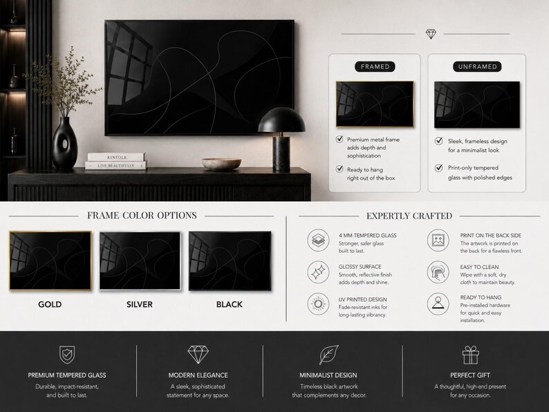 The image is a collage of three framed color options for a television, including gold, silver, and black, as well as a framed and an unframed version of the same television.