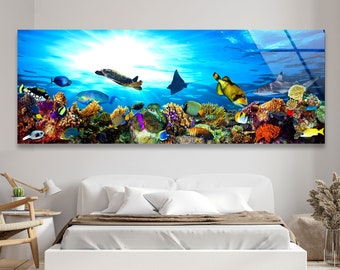 Underwater Ocean Scene ,  Glass Wall Art Vibrant Coral Reef Marine Life Decor ,  Large Sea Life Wall Print