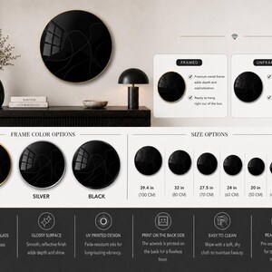 The image is a detailed comparison of different frame options for a black circular artwork, including gold, silver, black, and various sizes. It also provides information on the frame color options, size options, and features such as UV printed design, glossy finish, and ease of cleaning.