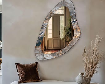 Large Tempered Glass Wall Mirror: Modern Marble-Effect Frame