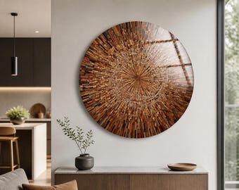 Wood Mosaic Glass Wall Art, Round Geometric Wall Decor, Rustic Abstract Art, Brown Sunburst Wall Art, Modern Boho Home Decor