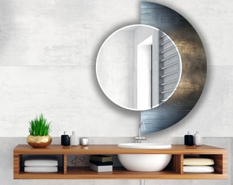 Halbkreisspiegel-Asymmetrischer Spiegel-Silberfarbener Metallspiegel-Handgefertigter Spiegel auf gehärtetem Glas-Eingangsspiegel-Runder Spiegel für Badezimmer
