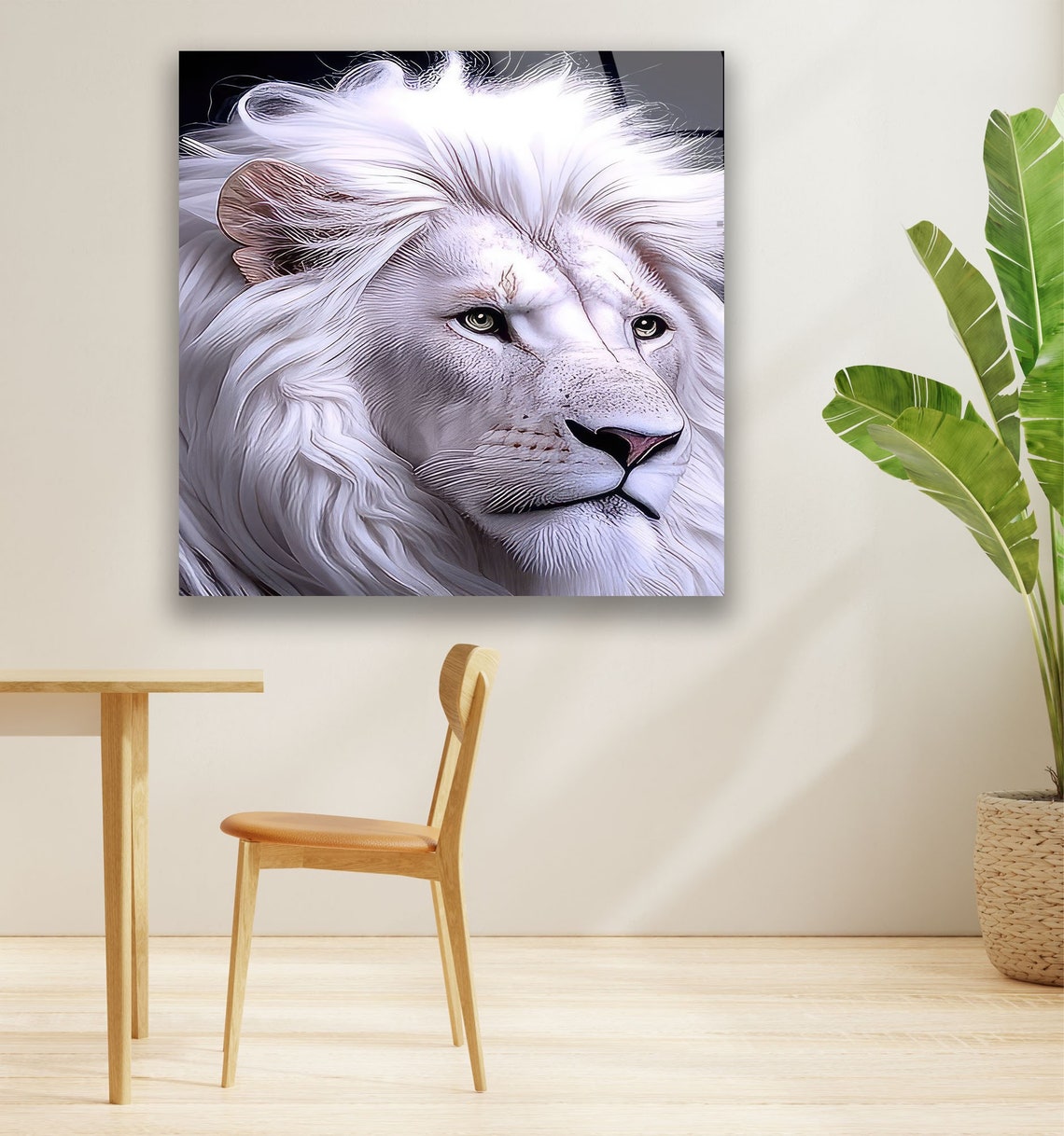 Roaring Beauty White Majestic Lion Modern Glass Wall Art Glass Hanging