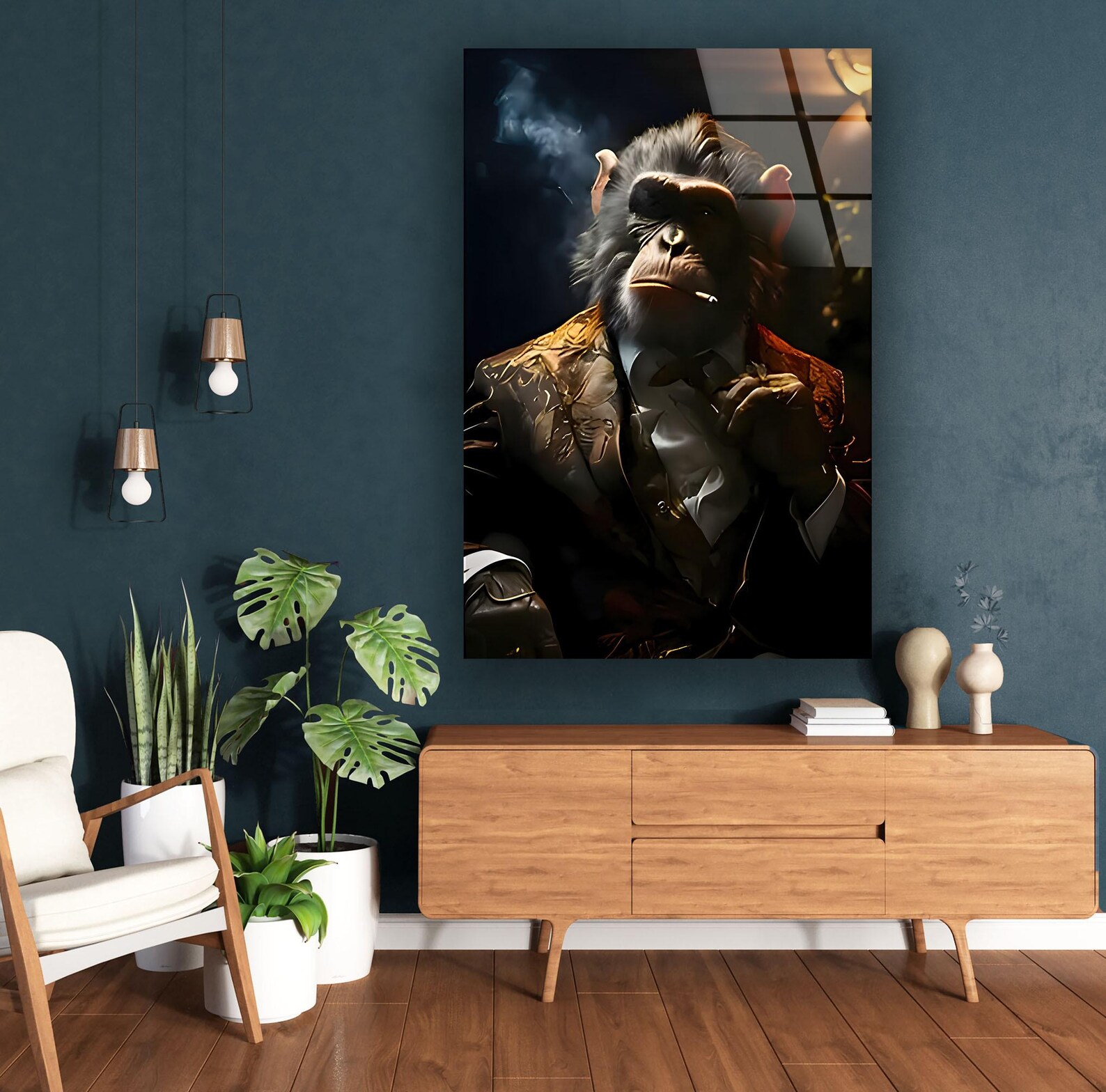 Gorilla Smoking Businessman Glass Wall Art Glass Panel Art for Home