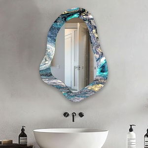 Blue Abstract Wall Mirror for Bathroom Mirror for Bedroom, Blue Bathroom Mirror for Vanities, Tempered Glass Mirror modern aesthetic mirror