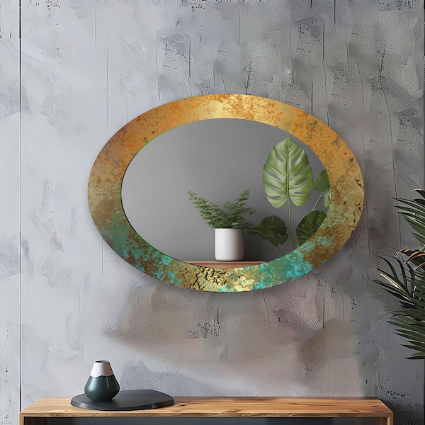 Large Oval Tempered Glass Wall Mirror: Modern Gold Frame