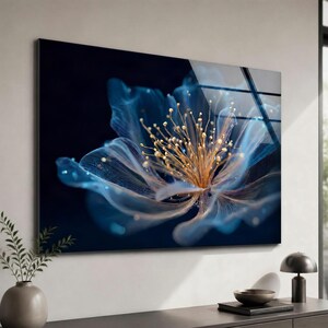 Blue Translucent Flower Glass Wall Art, Elegant Dark Floral Decor Printed on Tempered Glass